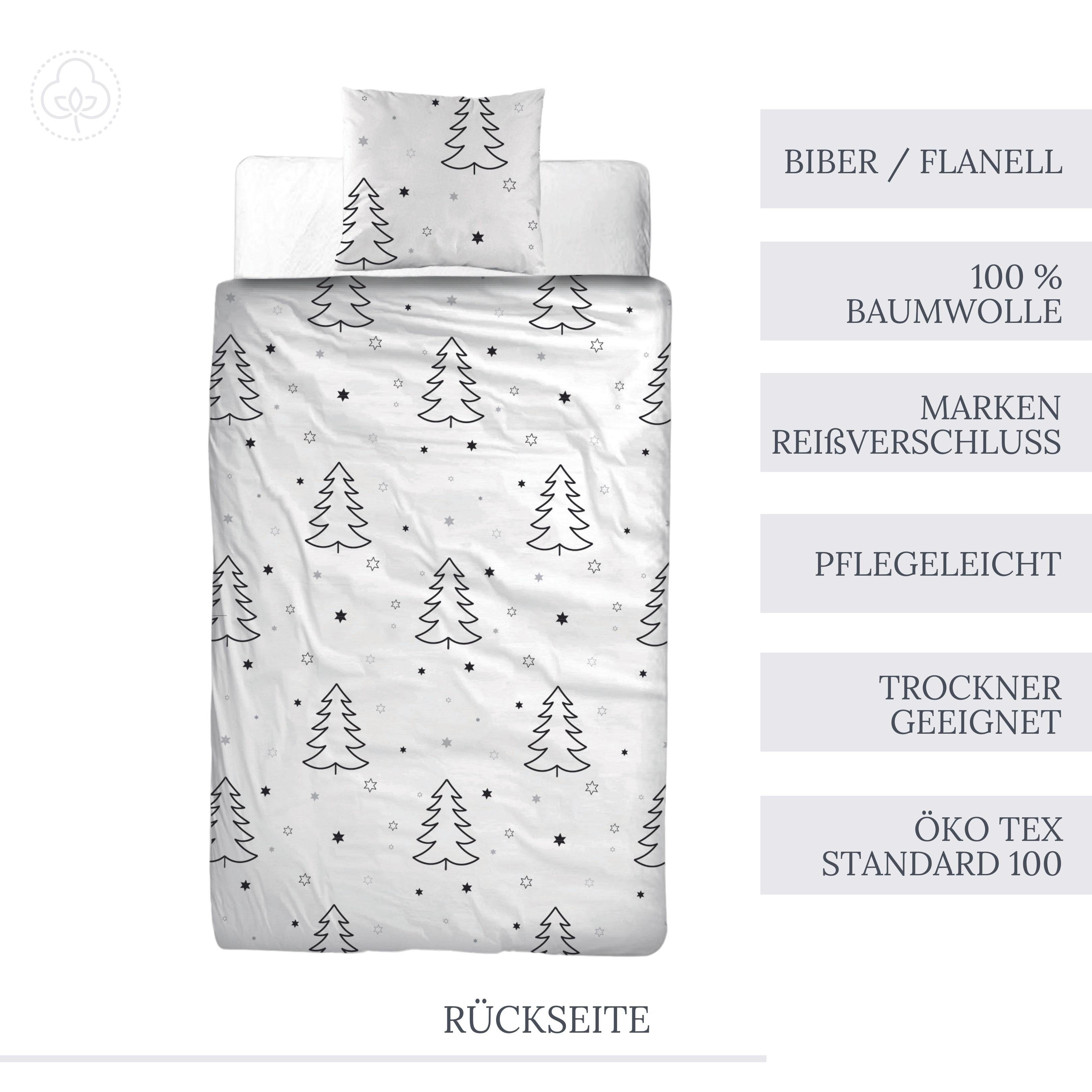 Bettwäsche Weihnachten Winterzauber, Tannenbaum und Sterne, Flanell, MTOnlinehandel, Biber, 2 teilig, 100% Baumwolle in Biber, 80x80 + 135x200 cm