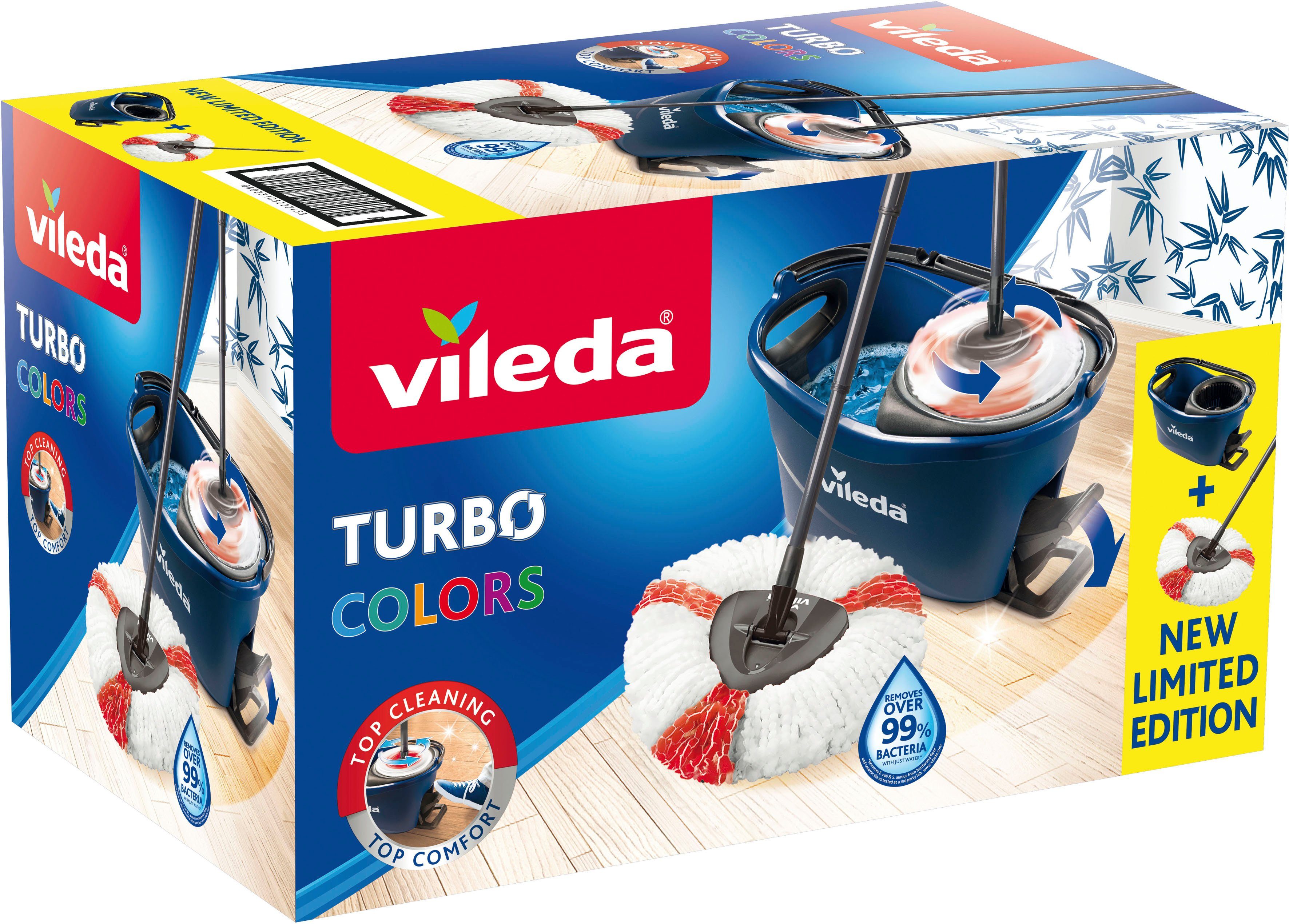 Vileda Bodenwischer-Set Turbo Colors Blau (3-St., Komplettset aus Bodenwischer, Eimer und Wischmop), mit 3-teiligem Teleskopstiel, bis zu 130cm ausziehbar