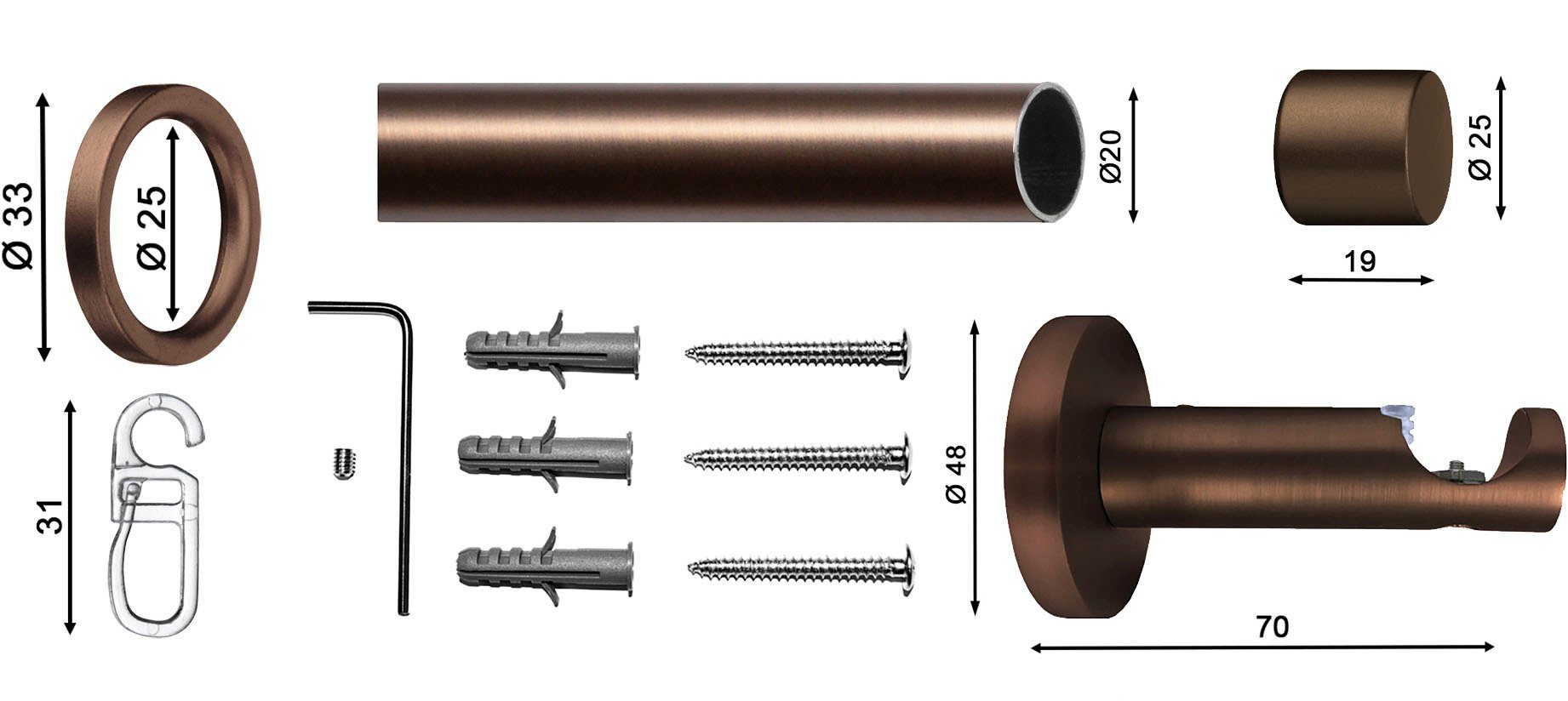 Gardinenstange Consul 20, indeko, Ø 20 mm, 1-läufig, Wunschmaßlänge, mit Bohren, verschraubt, Metall, Stahl, Komplett-Set inkl. Ringen und Montagematerial