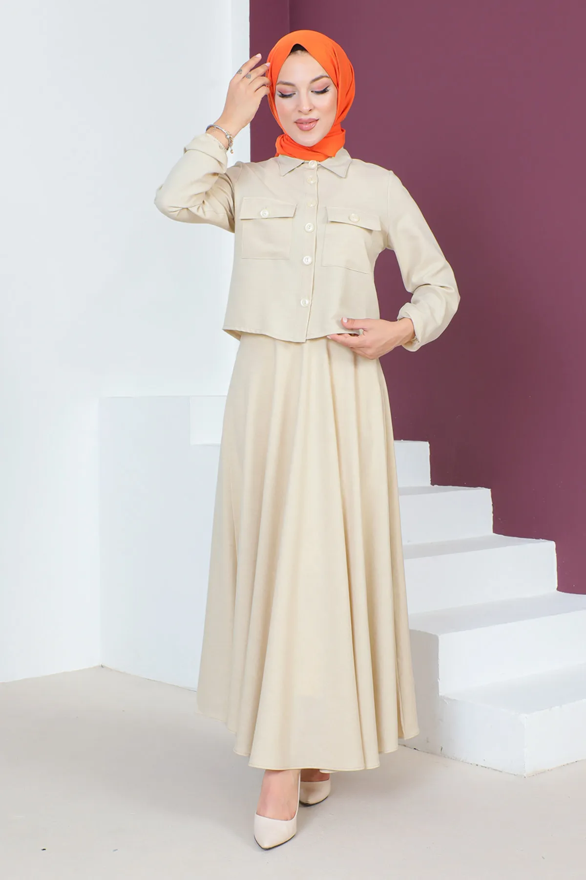 Tesettür Dünyası  Doppelanzug mit Rock TSD230649 Beige