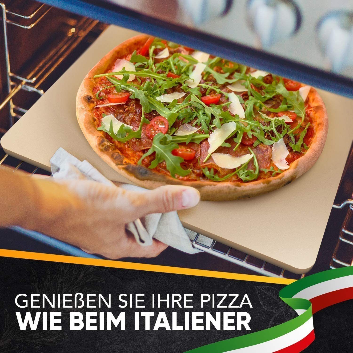 Sidorenko Pizzastein Backstein für Backofen & Gasgrill inkl. Pizzasschieber und Pizzamesser- 4er Set - Pizzastein rechteckig aus Cordierit für knusprigen Pizzaboden wie vom Italiener, Pizzaschieber, Rezeptbuch und Pizzamesser, (4-St)