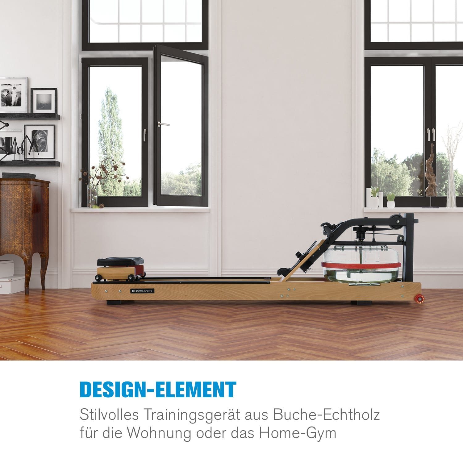 Capital Sports Rudermaschine Stoksman 2.0 Wasserrudergerät 120cm LCD-Display Buche hell