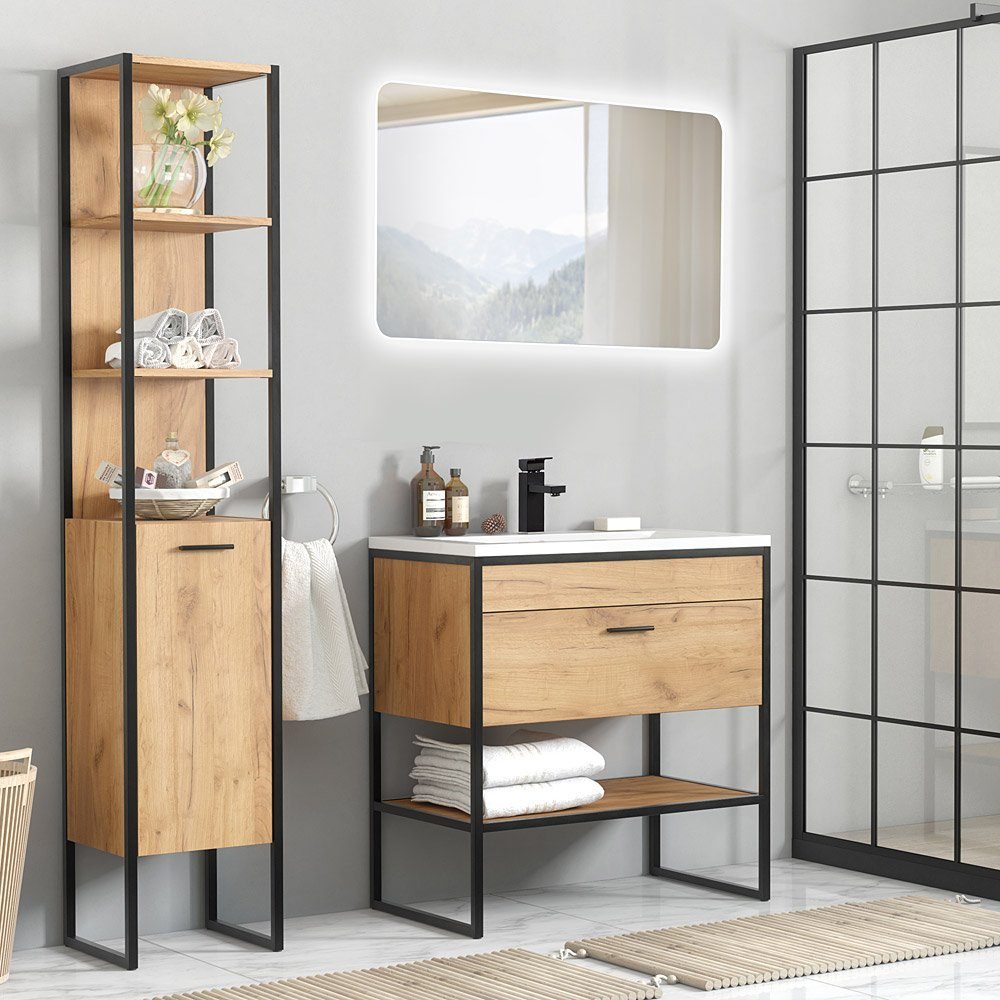 Lomadox Badmöbel-Set MANHATTAN-56, (4-St), Gold Craft Oak Eiche/schwarz 135/200/46cm