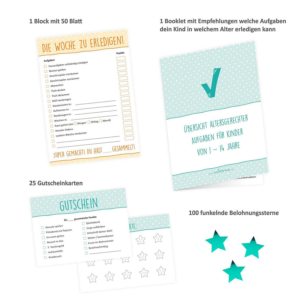 Papeterie Belohnungssystem für Kinder - 1 Block Aufgabenliste, 25 Gutscheine, 100 Belohnungssticker, 1 Booklet Geschenkpapier