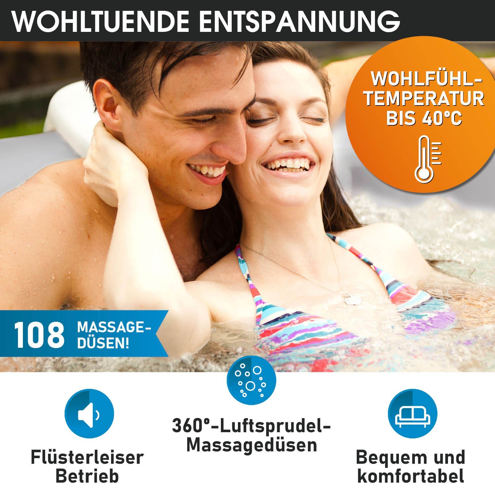 BRAST Whirlpool BRAST aufblasbar Tekapo für 4 Personen 158x158cm, (In-Outdoor Pool 108 Massagedüsen Timer Heizung), Aufblasfunktion per Knopfdruck Bubble Spa Wellness Massage
