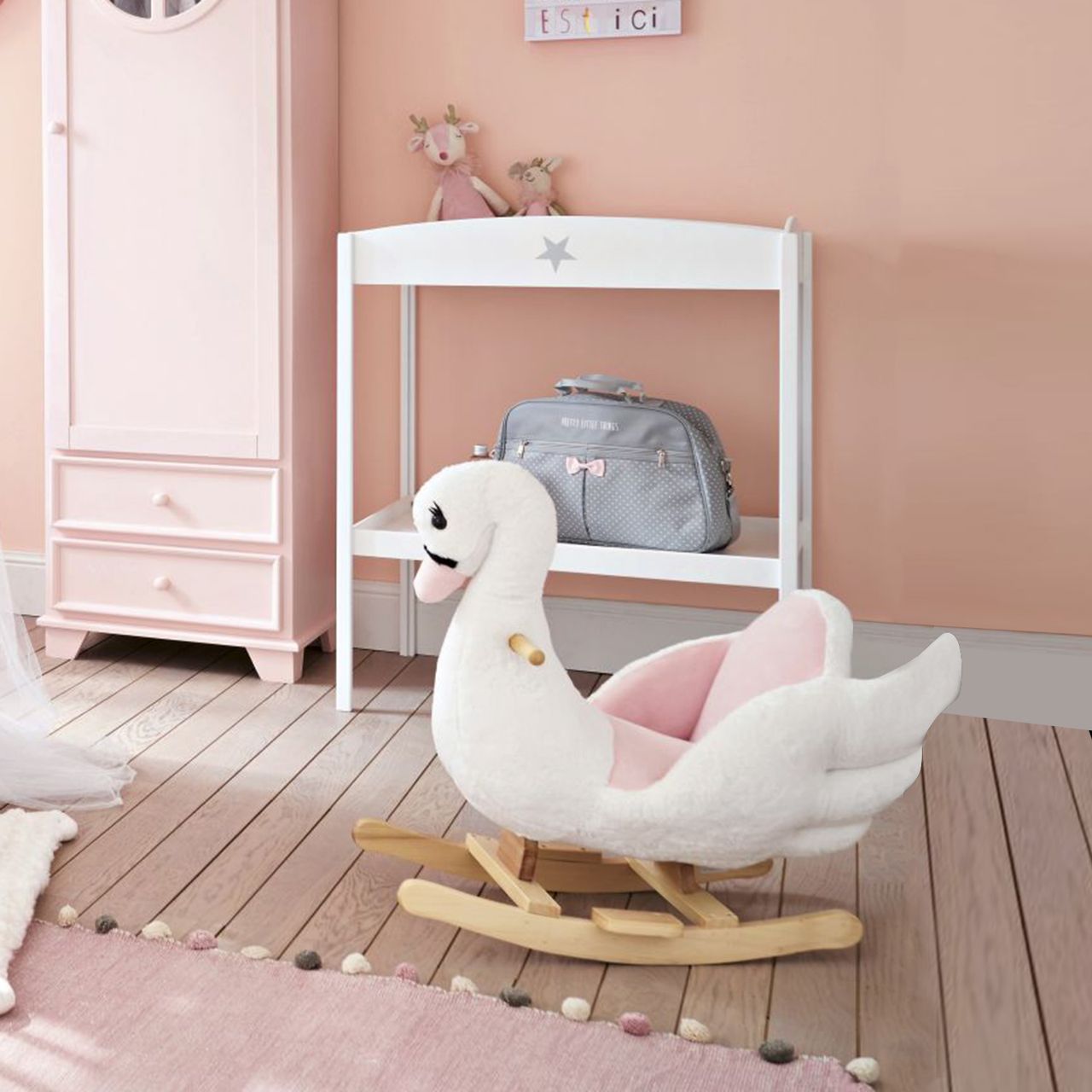 HOMCOM Kinder Schaukelpferd Baby Schaukeltier Schwan mit Musik Spielzeug Haltegriffe ab 18 Monate Plüsch Rosa Weiß 60 x 32 x 55 cm
