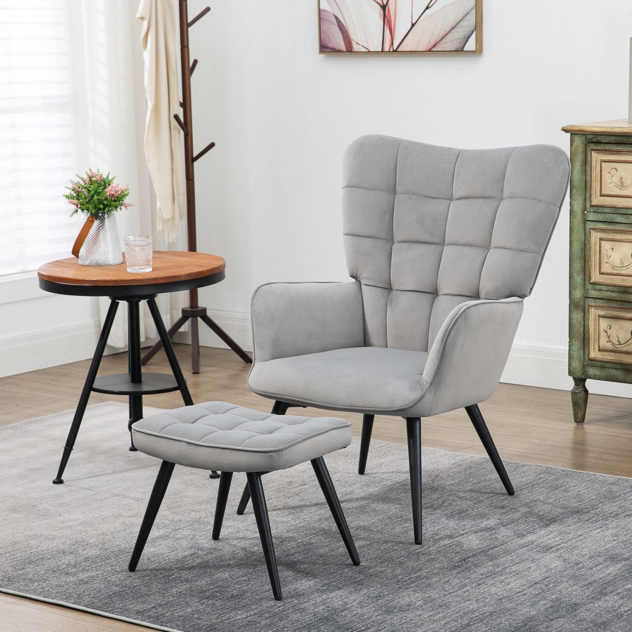 HOMCOM Ohrensessel mit Hocker, Relaxsessel, Loungesessel mit Samtoptik
