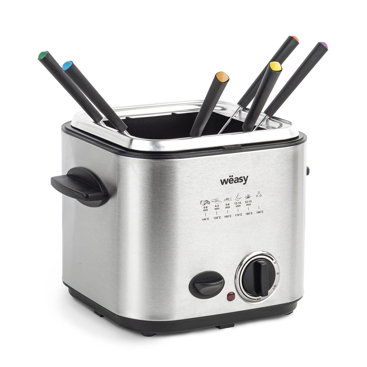 Weasy Wëasy TB600 Elektrische Fritteuse und Fondue, 2 in 1, 1,2 l, Edelstahl, multifunktional, kompakt, 6 Gabeln, Geruchsfilter, abnehmbarer Korb, verstellbare Temperatur, Silber/Schwarz, 840 W, 1,2 l