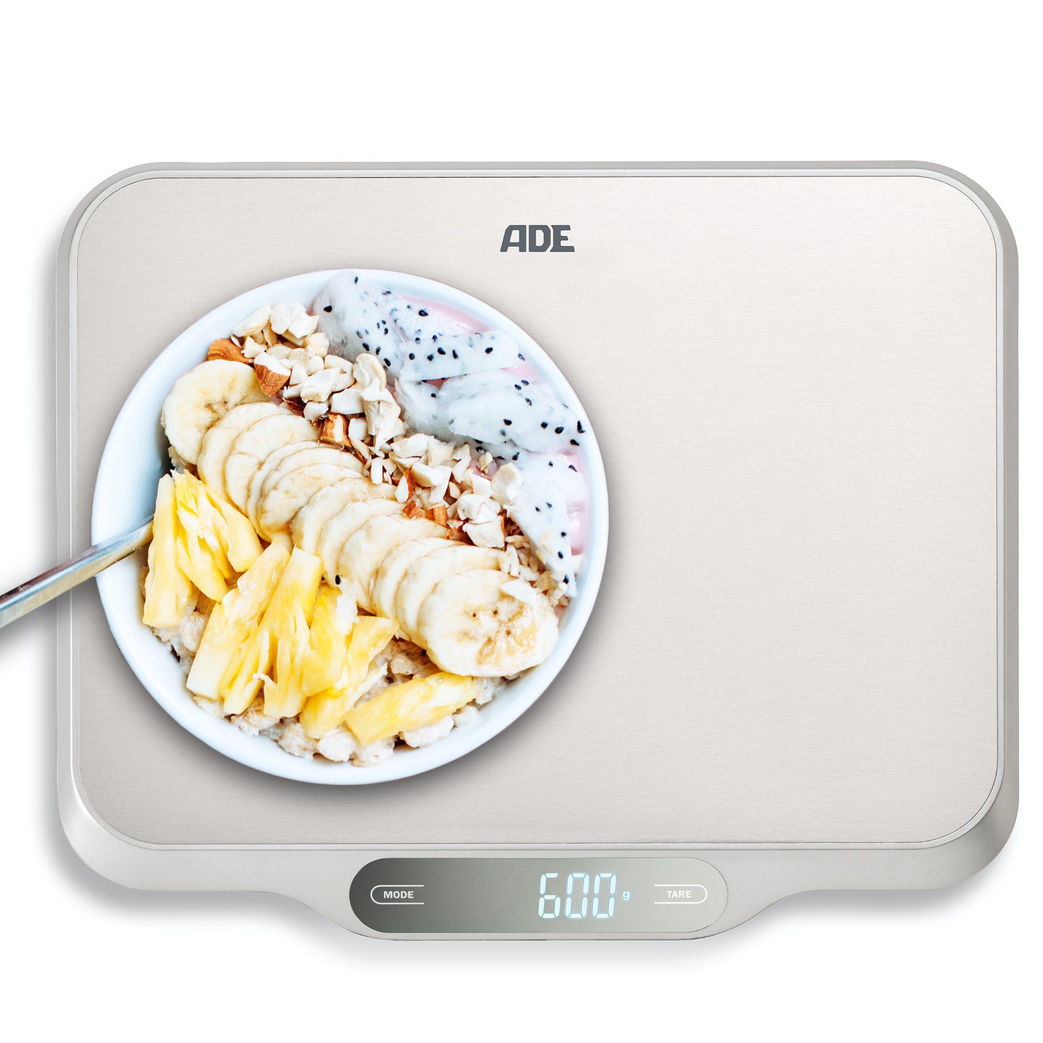 ADE Küchenwaage Waage mit großer XXL-Wiegefläche aus Edelstahl, für präzises Wiegen bis 15kg, mit Zuwiegefunktion (Tara) und Auto-Hold