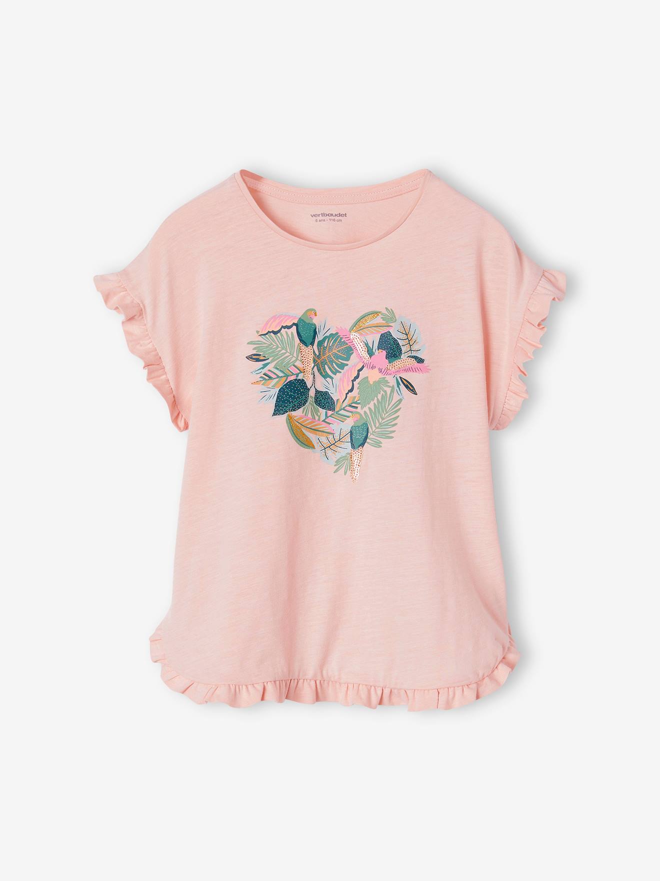 Vertbaudet Mädchen T-Shirt mit Pailletten-Print und Volants Oeko-Tex - aqua