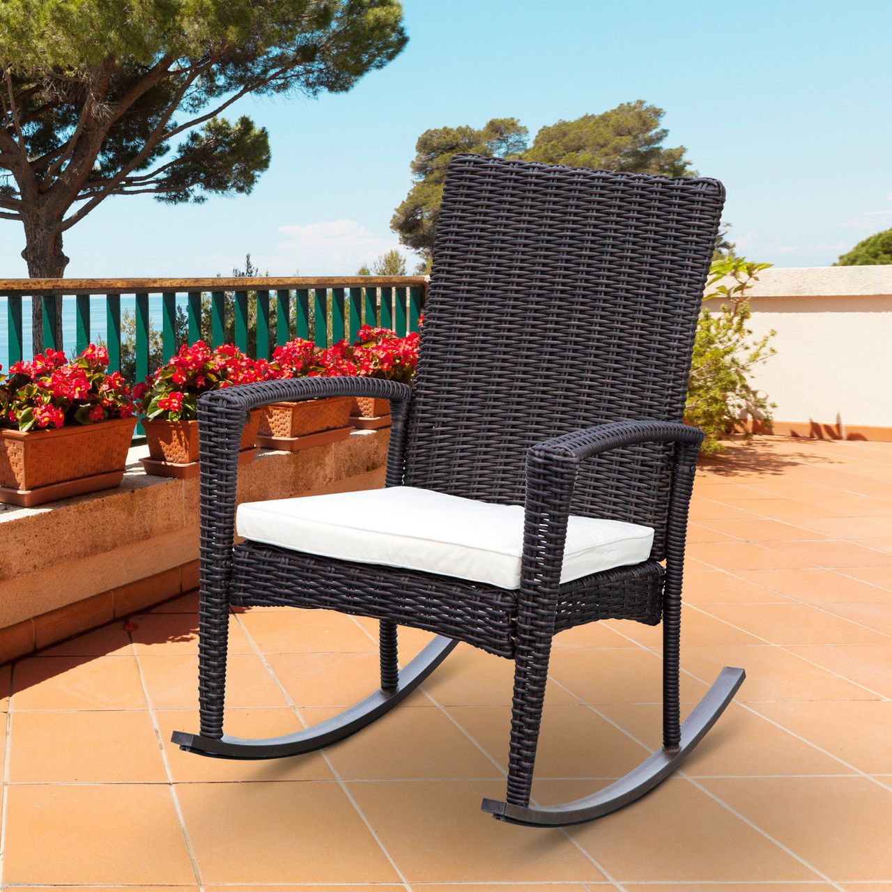 Outsunny Schaukelstuhl mit Kissen Polyrattan Metall Braun 66x88x98cm