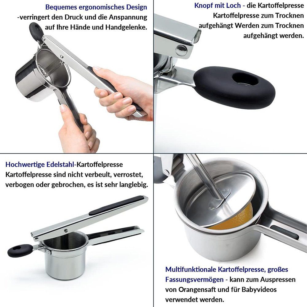 GLIESE Kartoffelpresse Kartoffelpresse Spätzlepresse Spaghettieispresse mit 3 Locheinsätzen, Edelstahl