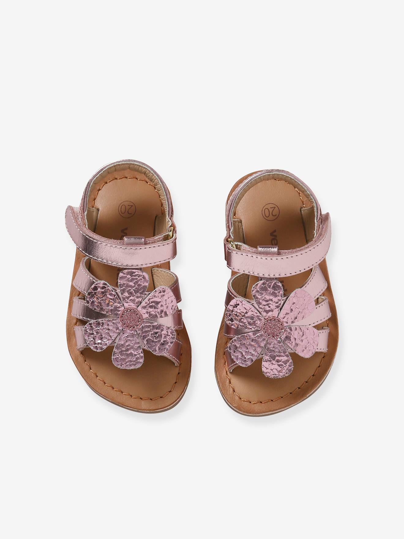 Sandales scratchées en cuir bébé fille rose