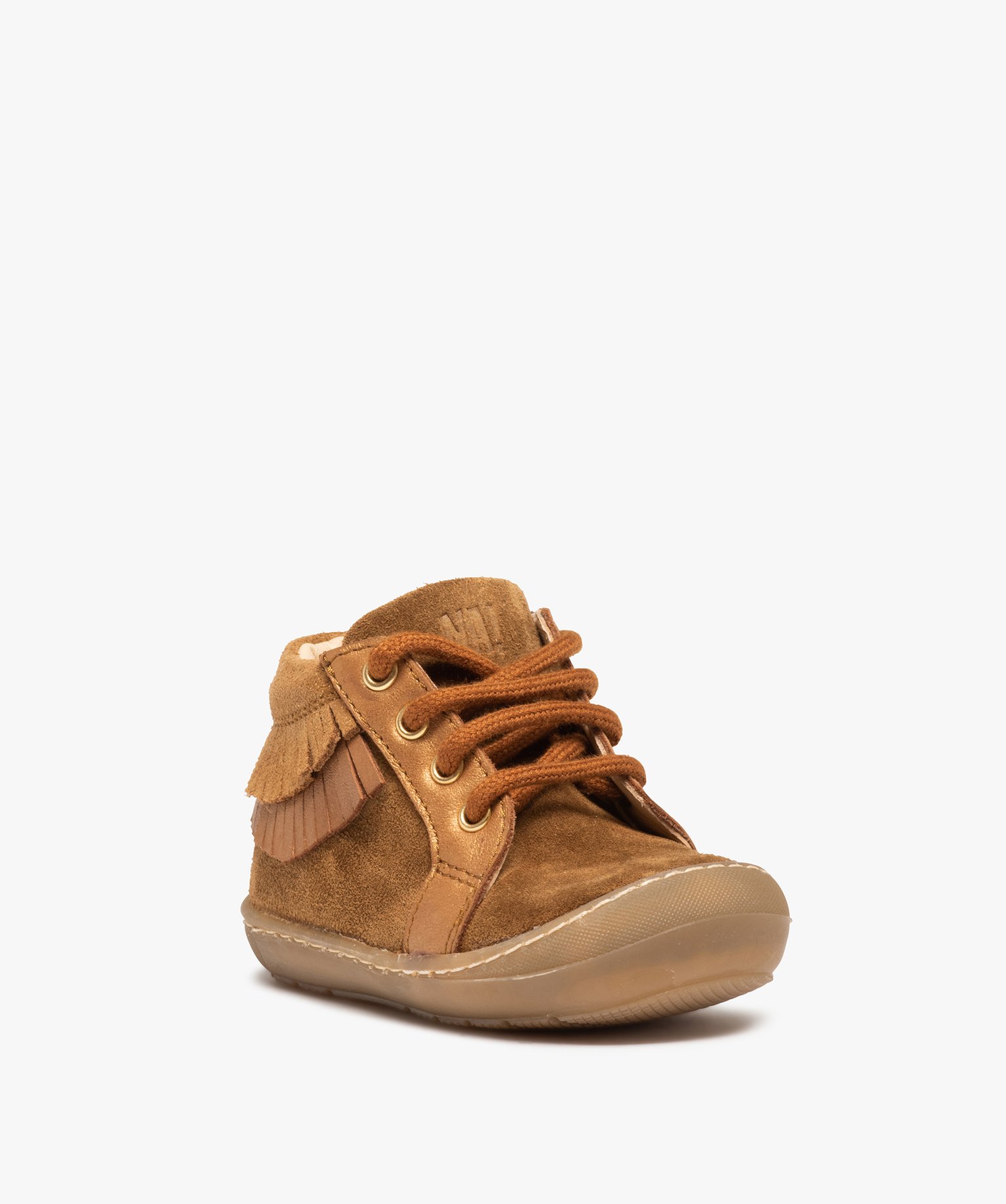 Chaussures premiers pas bébé fille dessus cuir à franges ... camel | GEMO