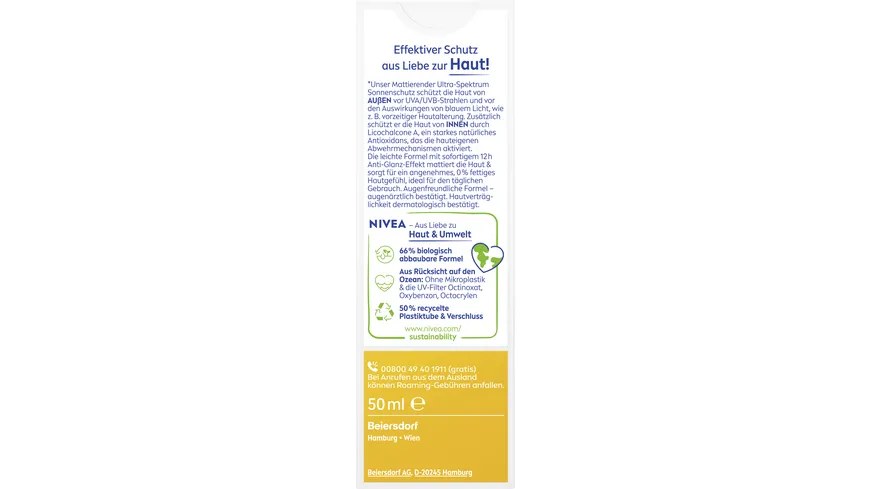 NIVEA SUN mattierender Sonnenschutz Anti-Glanz-Effekt LSF50 50 ml