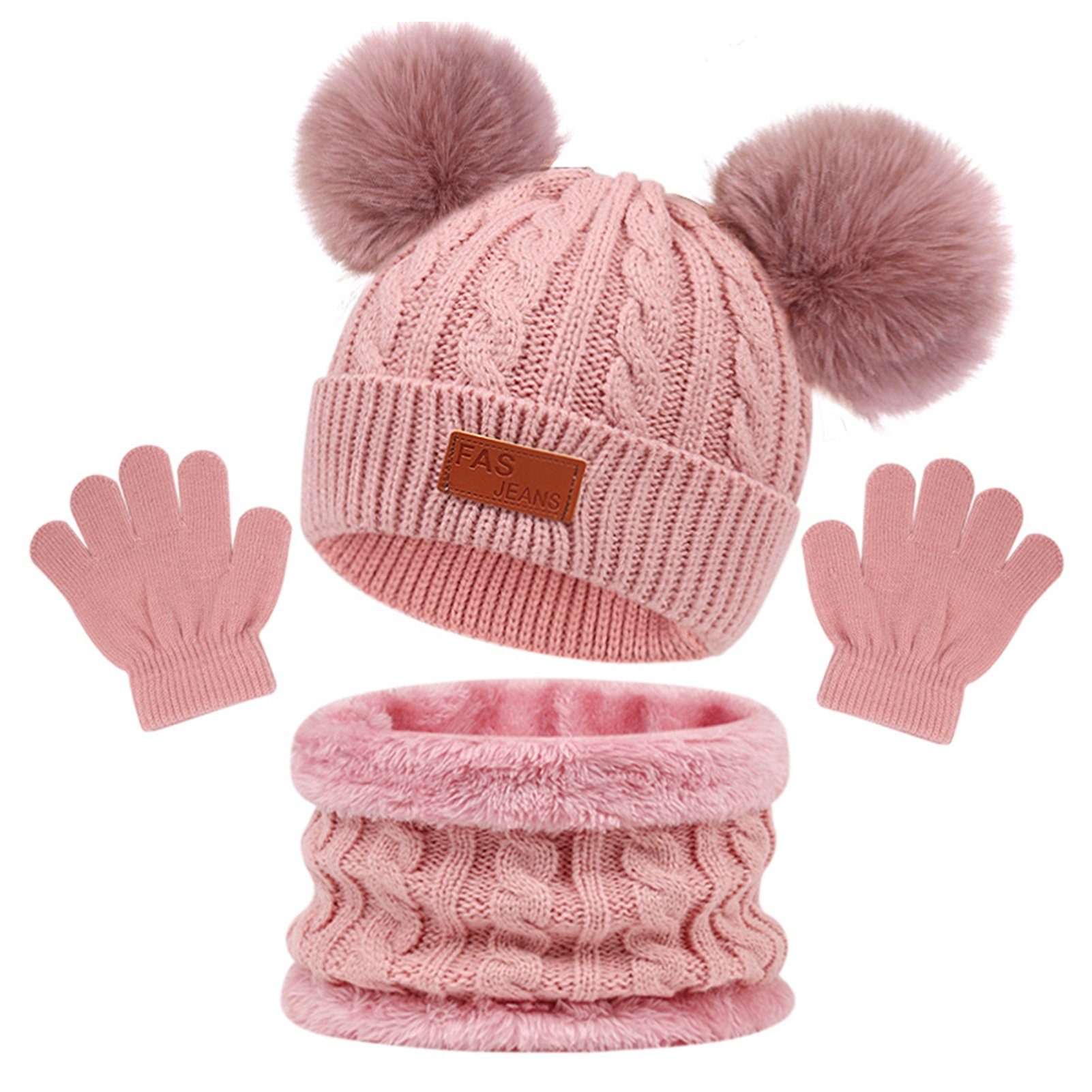 Rutaqian Mütze & Schal 3 In 1 Kinder Winter Set, Kinder Wintermütze Schal Handschuhe Mädchen (Warme Winter Beanie Hut Handschuhe runder Schal Set für Kinder 1-4 Jahre, Strickmütze Babymütze Kinder Mütze Set)