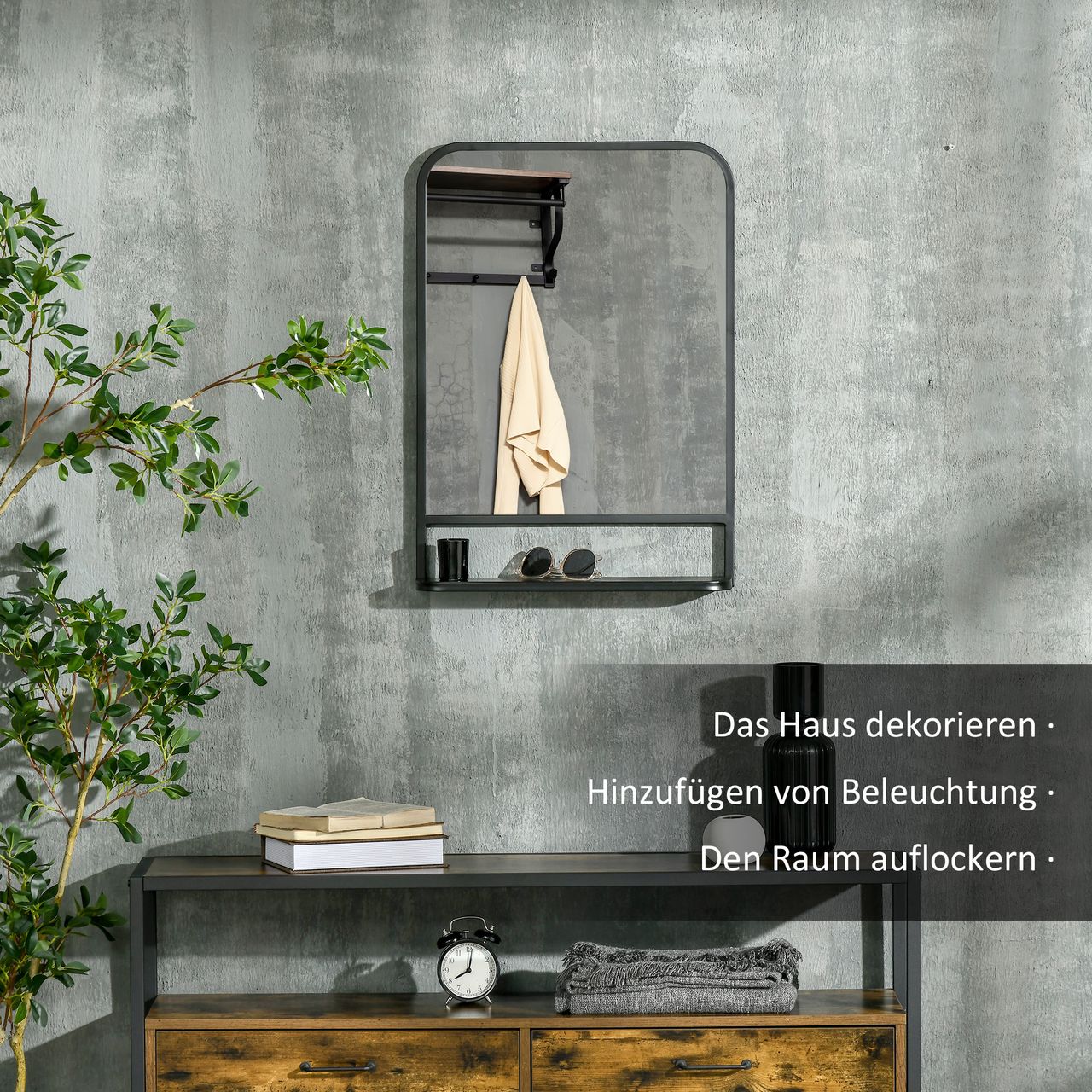HOMCOM Wandspiegel 70 x 50cm Wohnzimmerspiegel Hängespiegel Dekospiegel Rechteck mit Ablagefläche für Eingangsbereich Schlafzimmer Modern Elegant Schwarz