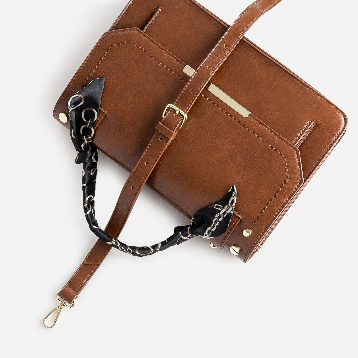 Sac à main cognac avec anse foulard motif