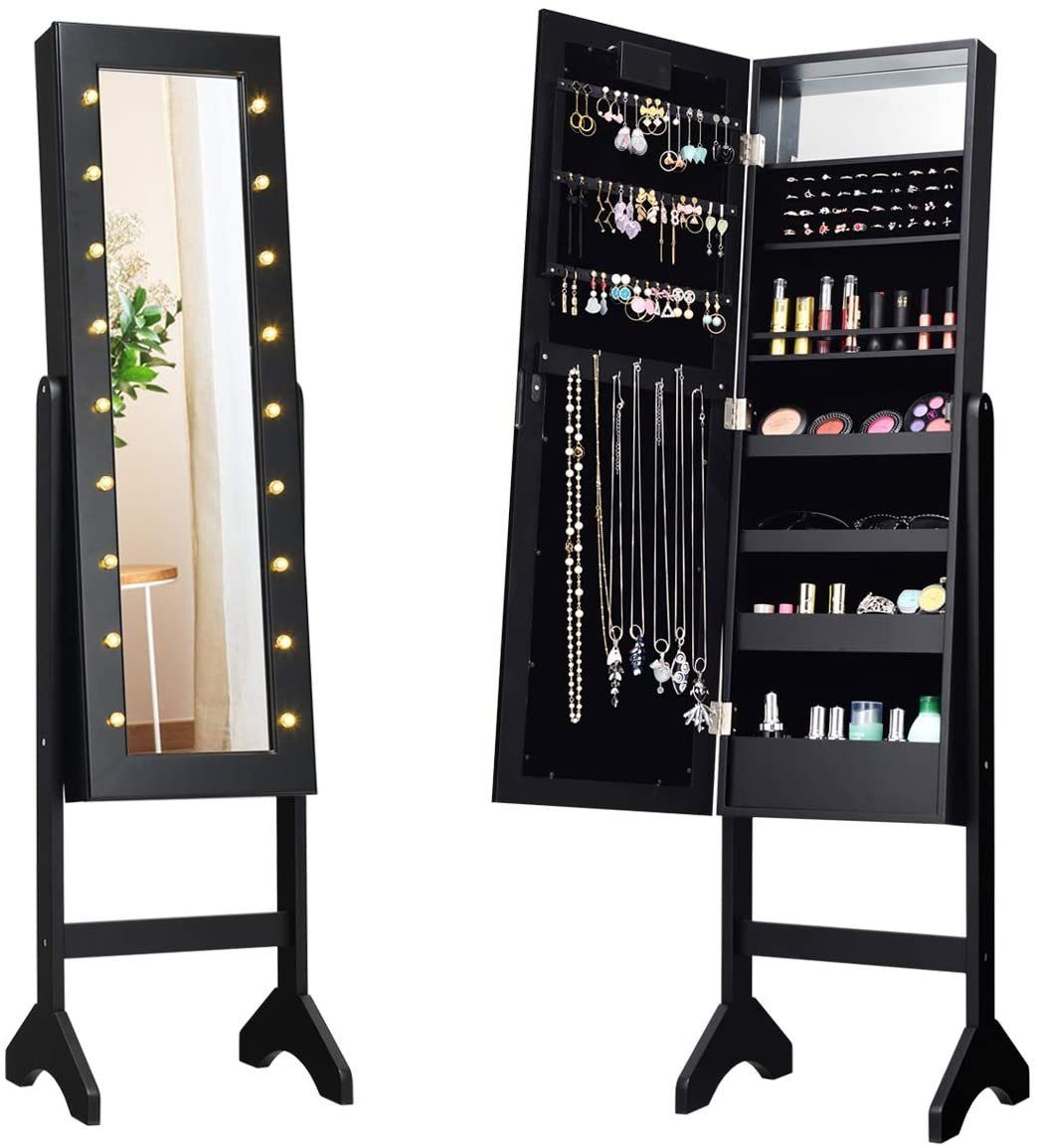COSTWAY Schmuckschrank stehend, mit LED und Spiegel, neigbar, 35×31,5x145cm
