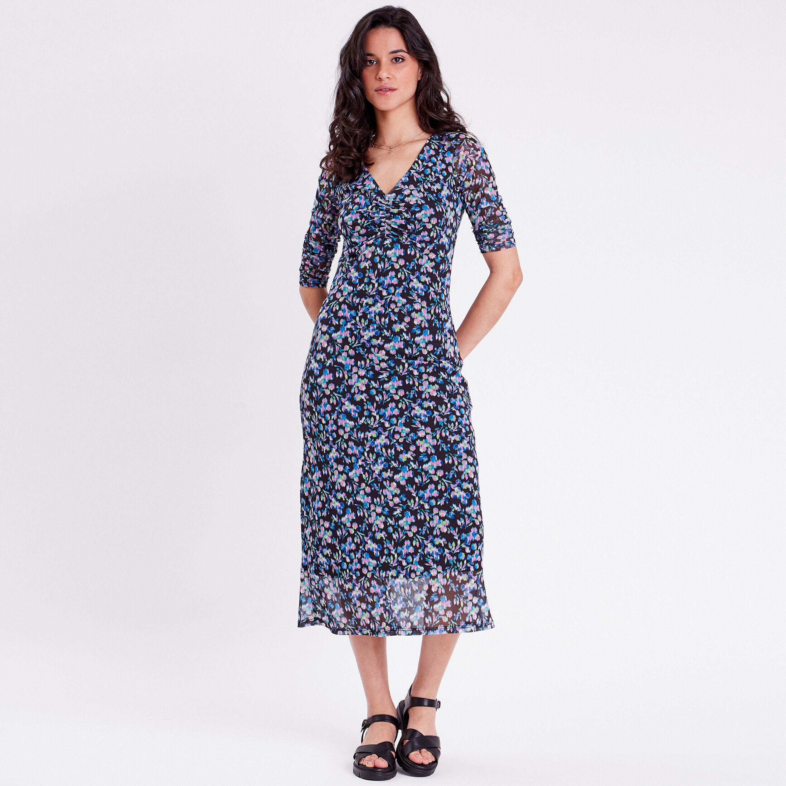 Robe évasée manches 3/4 noir femme | Cache Cache