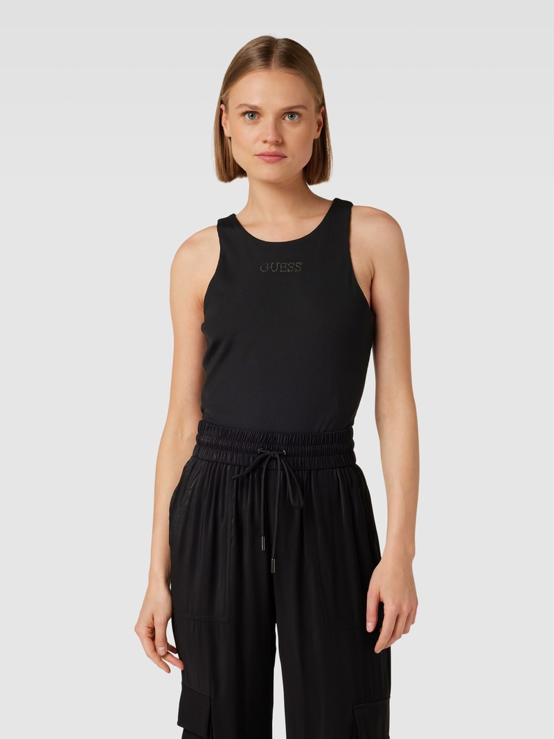 Body mit Label-Print aus Strasssteinbesatz Modell 'GUENDALINA' in schwarz