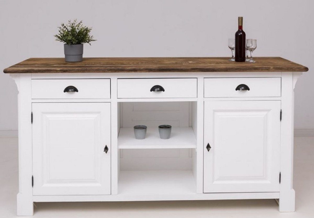 Casa Padrino Barschrank Landhausstil Bar Theke Weiß / Dunkelbraun 191 x 68 x H. 95 cm - Massivholz Thekentisch - Bartisch - Massivholz Bar Möbel im Landhausstil