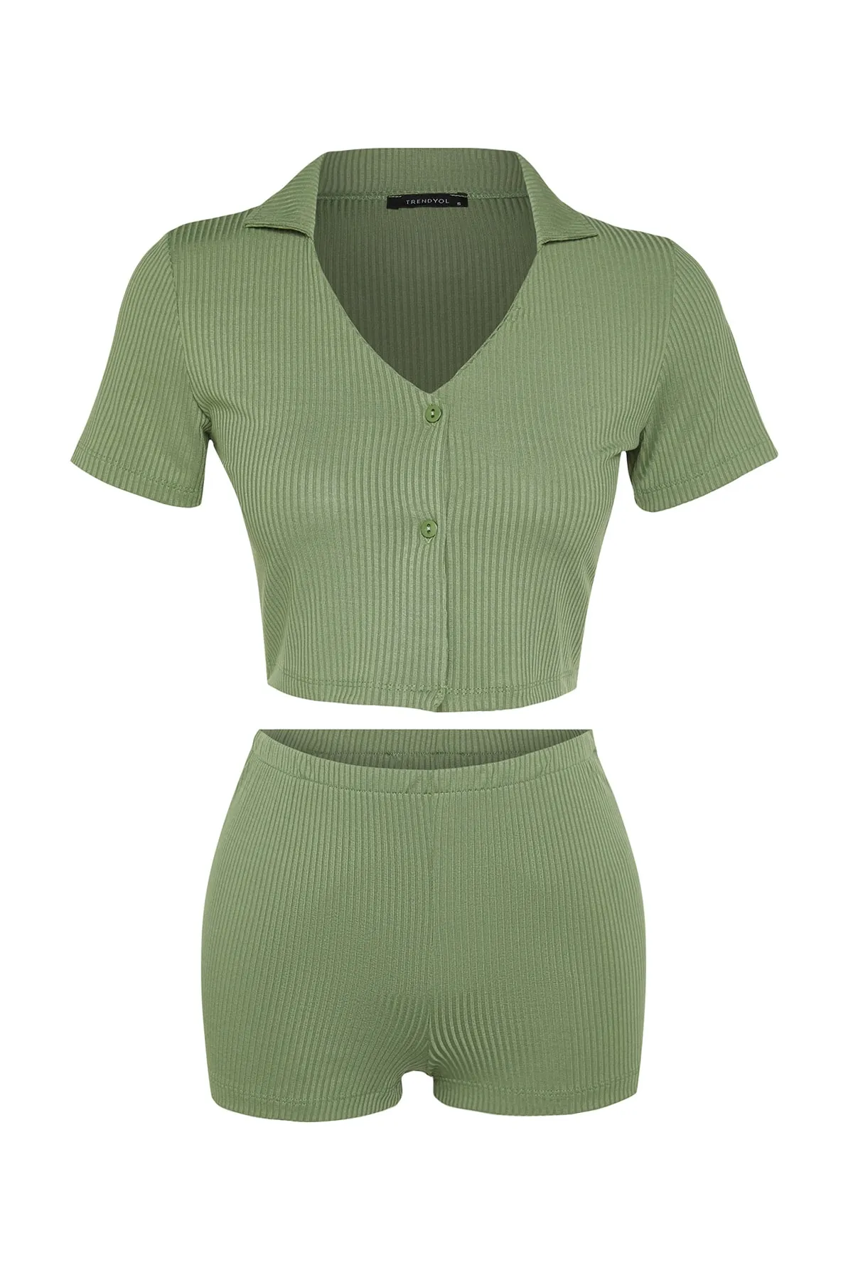 Trendyol Collection  Dunkelgrünes, schnurgebundenes, kurzes T-Shirt-Shorts-Strick-Pyjama-Set THMSS22PT0308