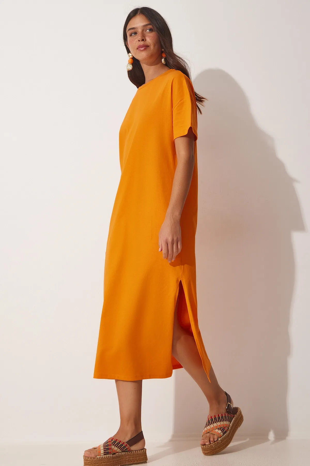 Happiness İstanbul  Damen-Sommerkleid aus gekämmter Baumwolle in Orange aus Baumwolle UB00080