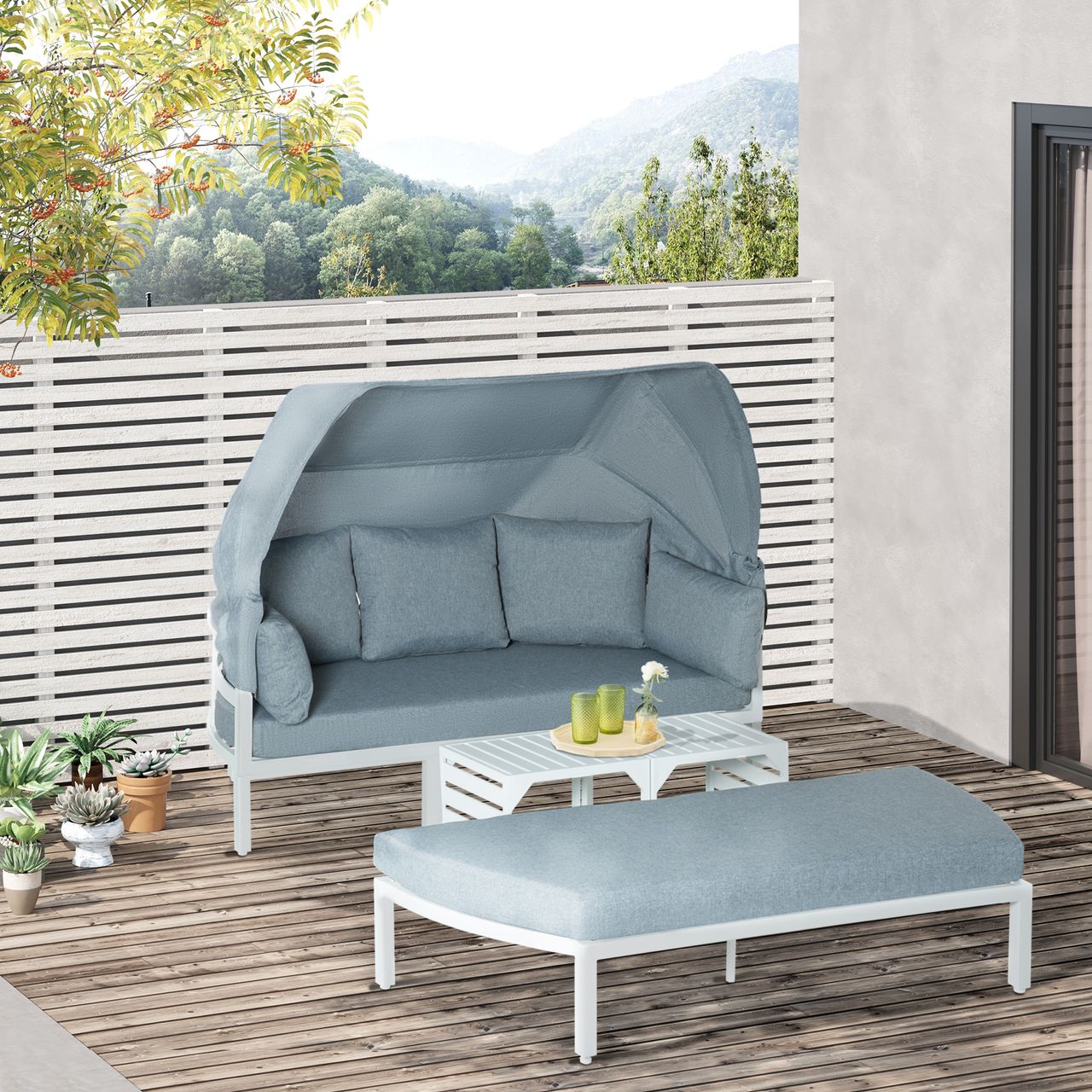 Outsunny 4-teiliges Gartenmöbel-Set mit Beistelltisch Dach Bank Balkonmöbel Set Sofa mit Kissen Outdoor Aluminium Weiß Grau