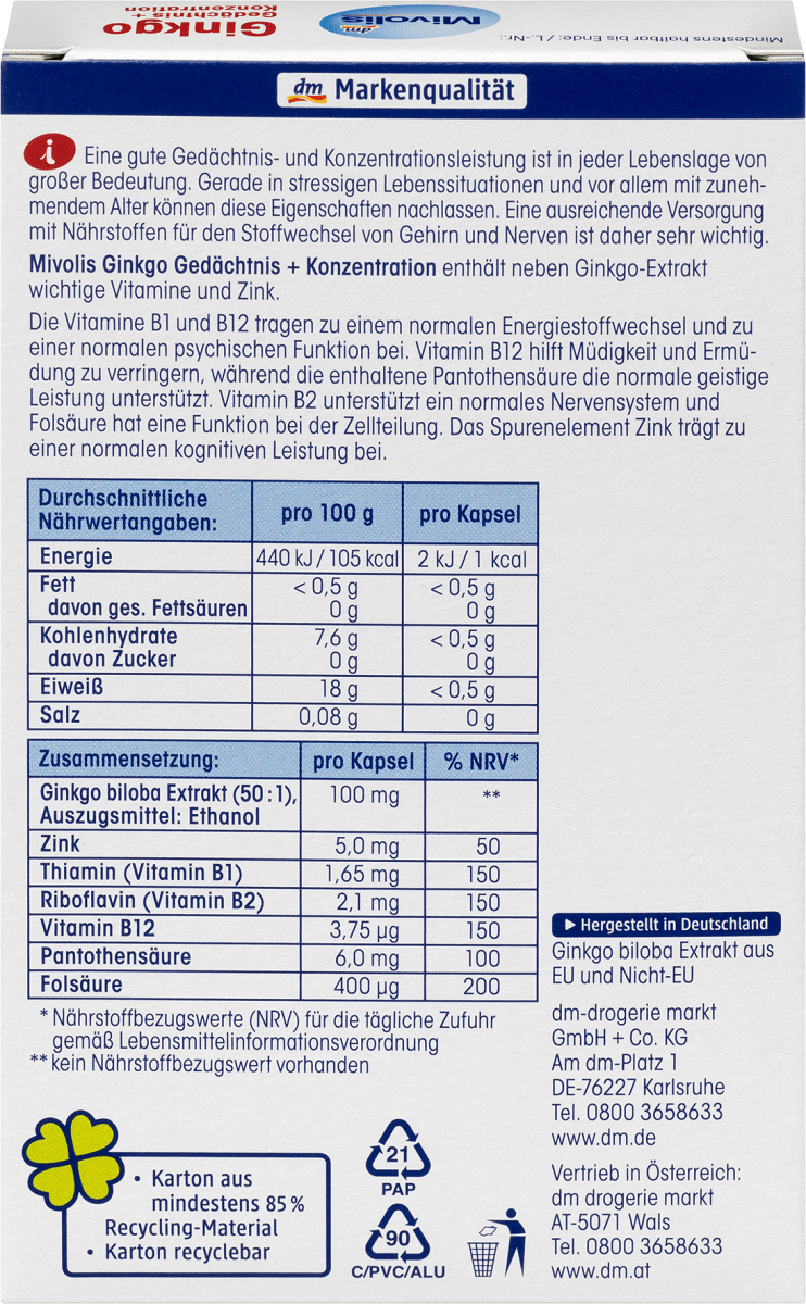 Ginkgo Gedächtnis + Konzentration Kapseln, 40 St., 20 g