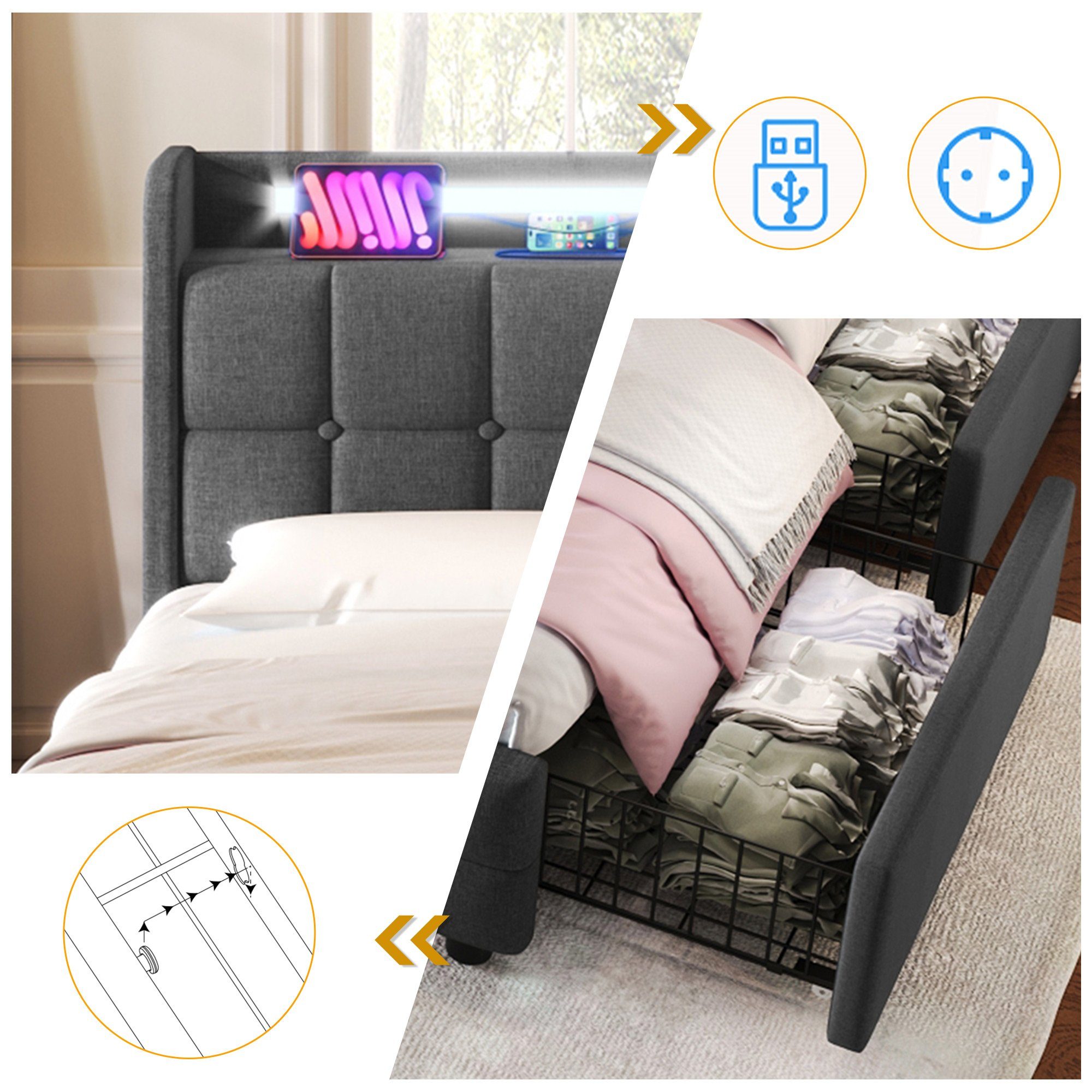 Flieks Polsterbett, LED-Beleuchtung Einzelbett 90x200cm mit Ladefunktion und 2 Schubladen
