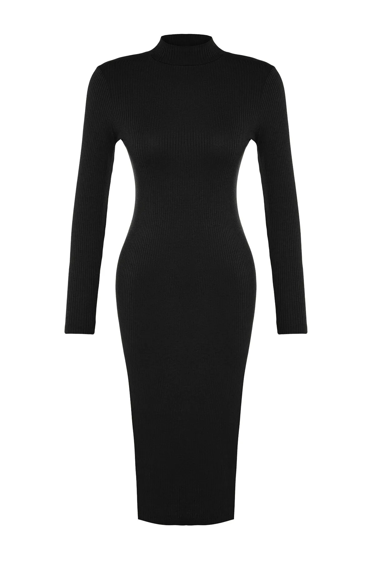 Trendyol Collection  Schwarzes, geripptes, tief geschlitztes, detailliertes, tailliertes Midi-Stretch-Strickkleid TWOAW24EL00174