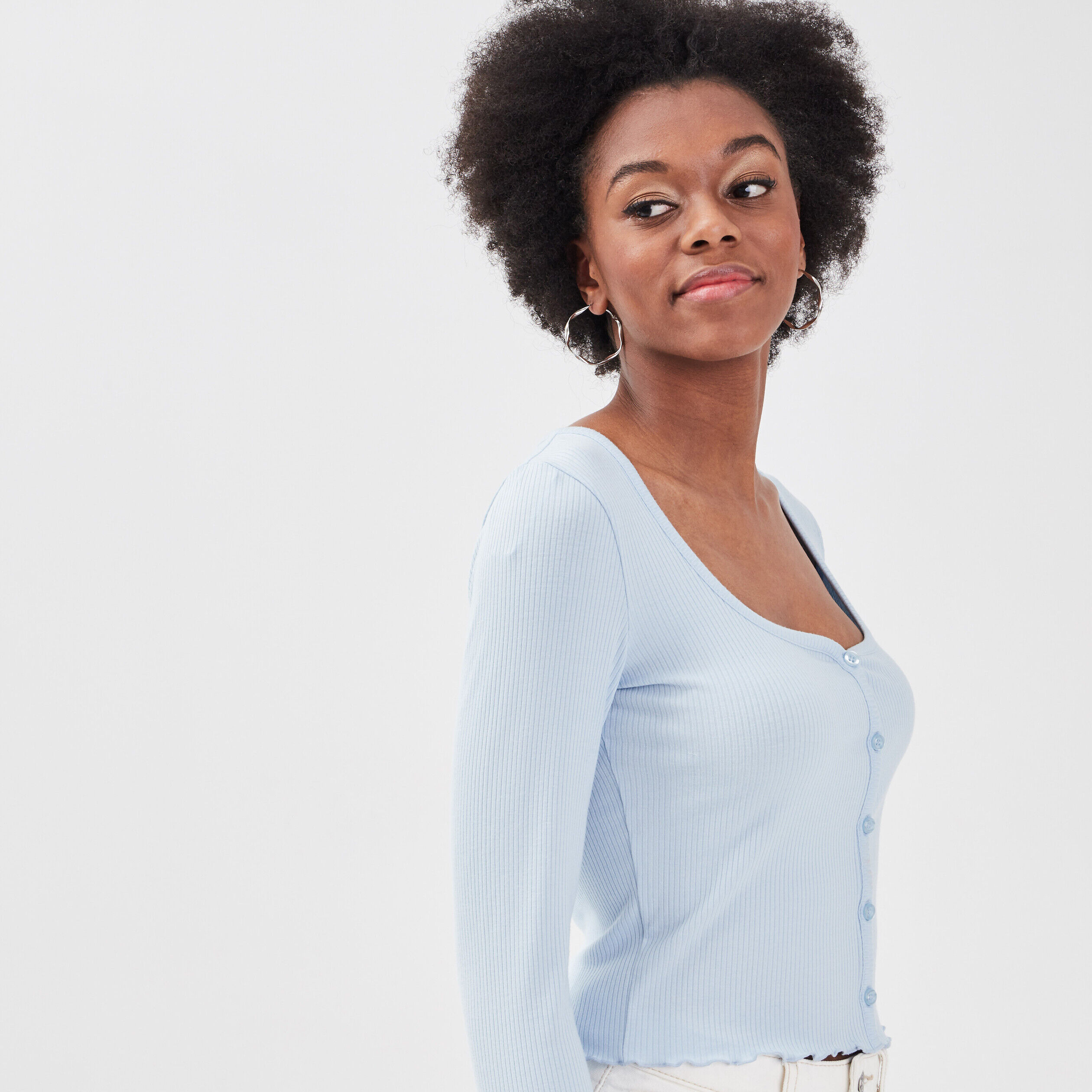 Gilet boutonné manches longues bleu pastel femme | Cache Cache