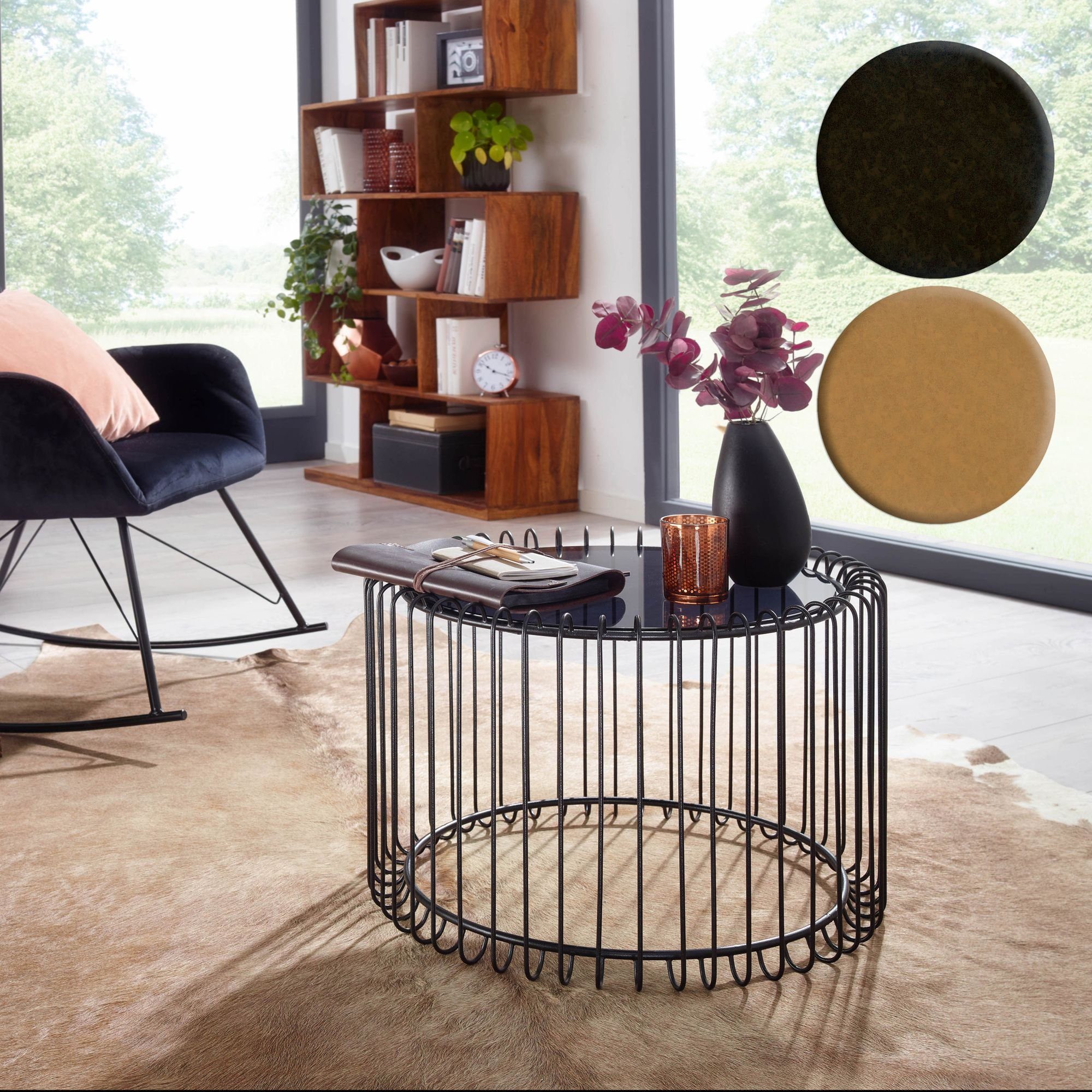 FINEBUY Couchtisch FB41451 (60x60x40 cm Gold, Sofatisch Metall Glas Rund), Wohnzimmertisch Korbtisch, Tisch Wohnzimmer
