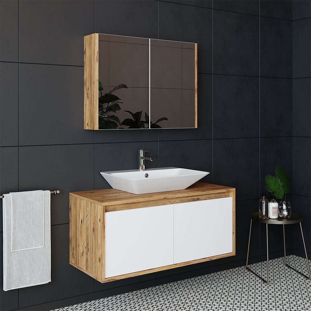 Roomart Badmöbel-Set, (Badmöbel Set 3-teilig 100cm Unterschrank mit Waschbecken Spiegelscrank)