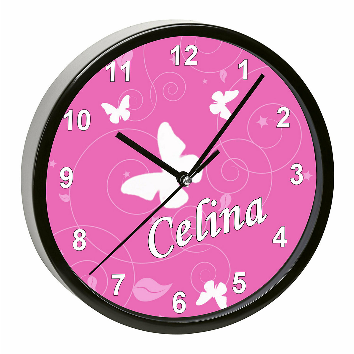 Kinder Wanduhr personalisiert mit Name Schmetterling Rosa
