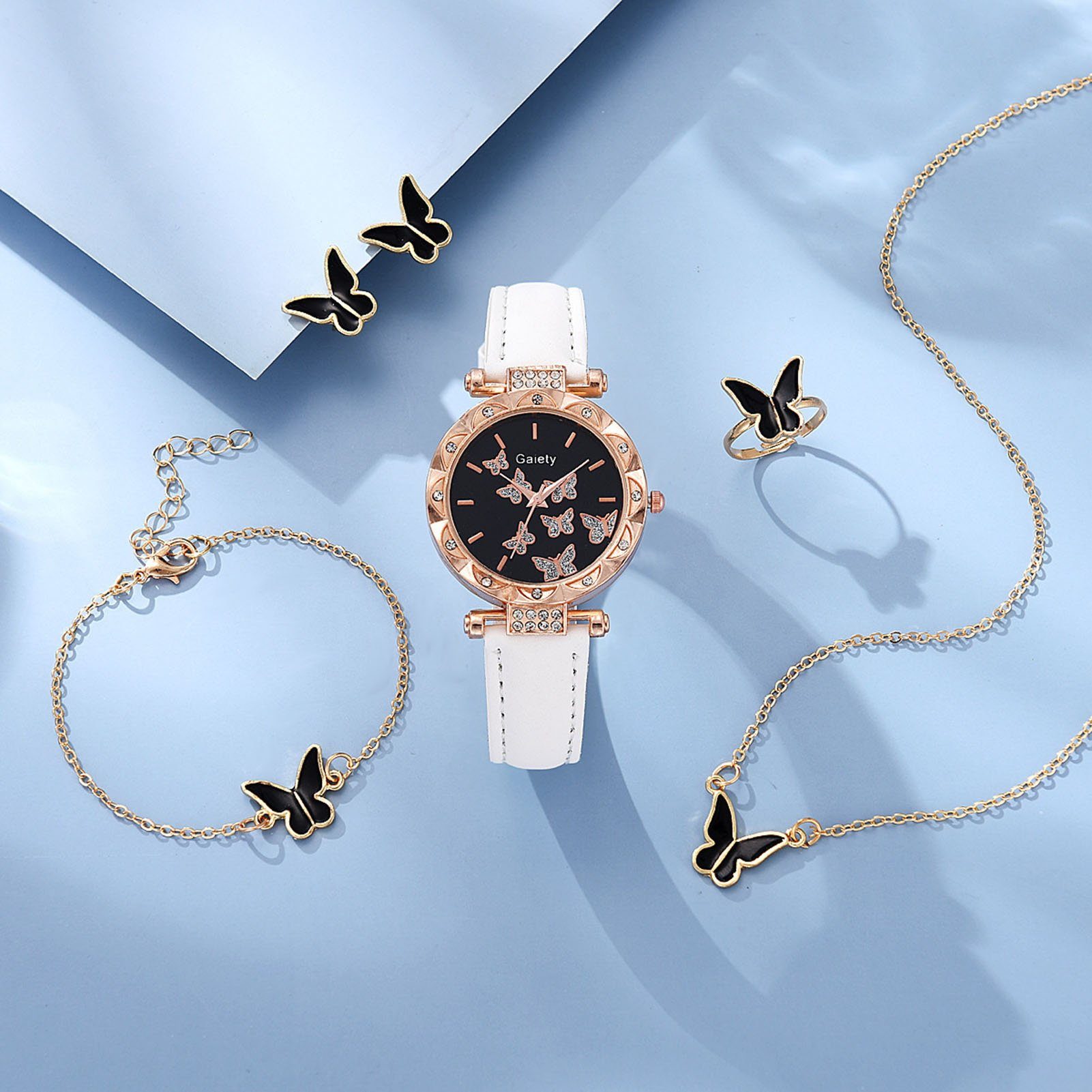 farfi Quarzuhr Watch Schmuck Set(Set, 6-tlg) Butterfly Decor Quartz Watch Gift, (1 x Uhr, 1 x Armband, 1 Paar Ohrringe,1 x Halskette,1 x Ring, Ohne Box)