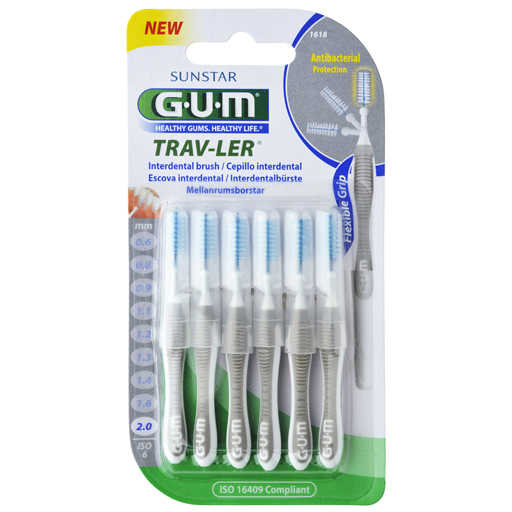 GUM TRAV-LER 2,0 mm Kerze grau Interdental 6Kappen  6 St  Zahnbürste
