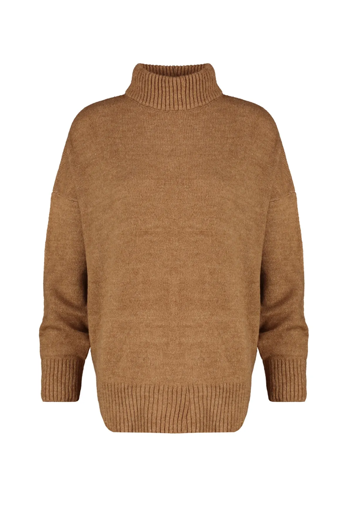 Trendyol Collection  Hellbrauner, weich strukturierter Strickpullover mit Stehkragen und weiter Passform TWOAW23KZ00469
