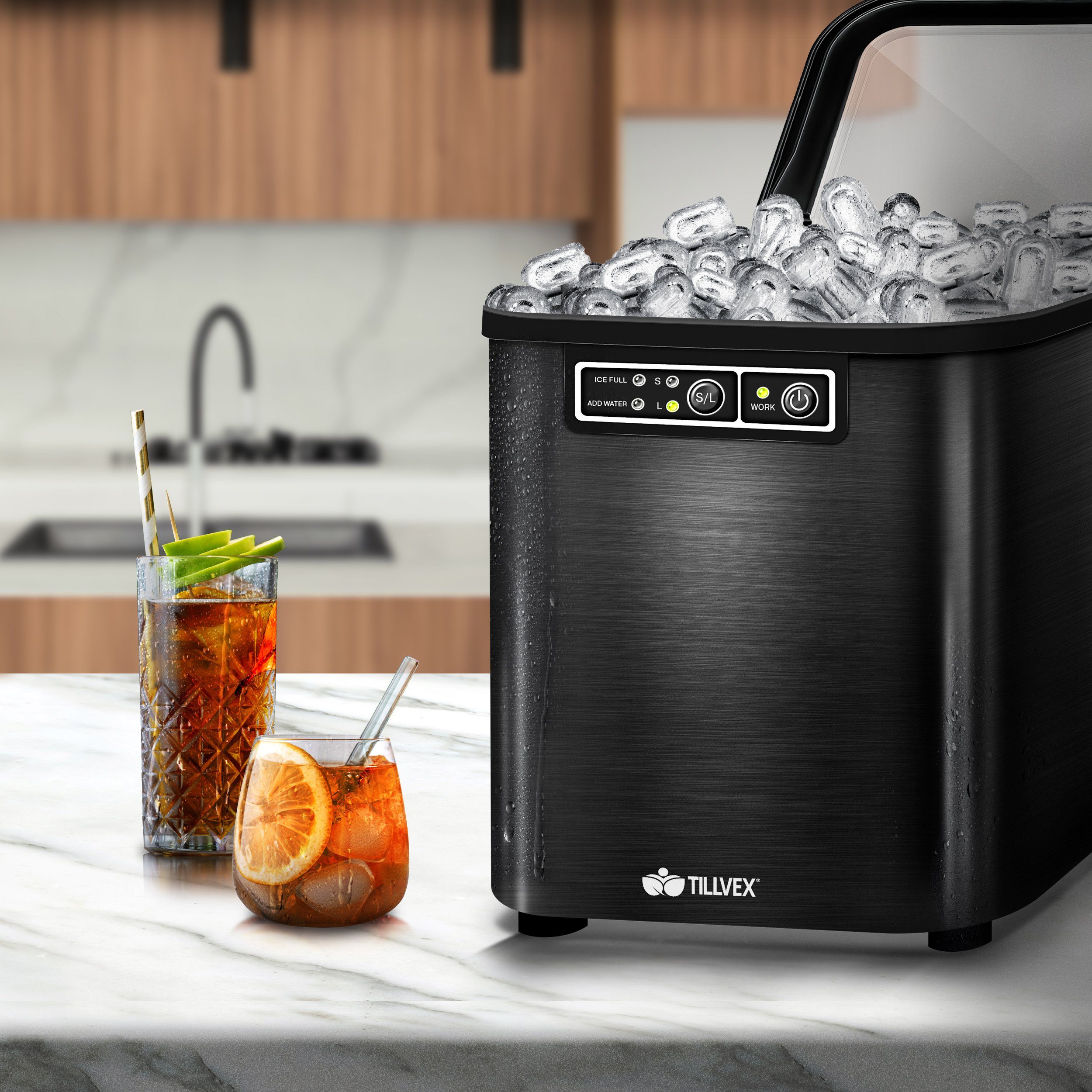 tillvex Eiswürfelmaschine 2,2 Liter Wassertank Ice-Maker LED-Display & Selbstreinigungsfunktion, Edelstahl 12 kg - 24 h, Eiswürfelbereiter