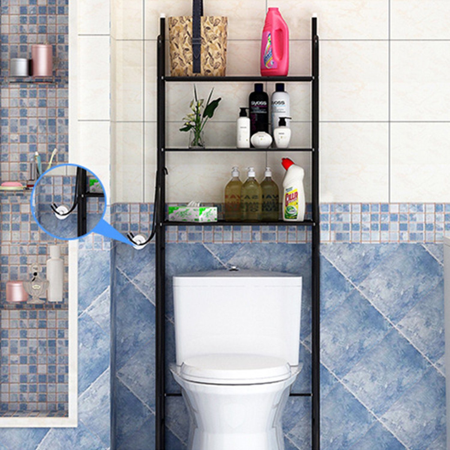 Vicbuy Badregal Standregal mit 3 Haken, 3 Etagen Stahl Toilettenregal, WC-Regal, Metall Badezimmerregal, Aufbewahrungsregal, Waschmaschinenregal, für Badezimmer, 153*48*26cm