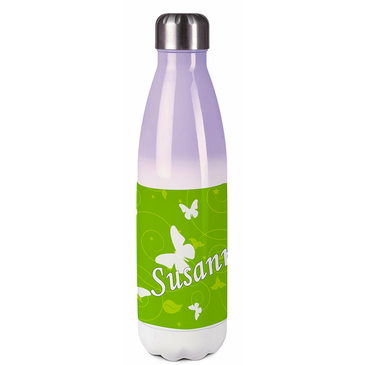 Edelstahl Kinder Thermoflasche / Trinkflasche bunt Schmetterling Ornamente Farbe grün Spülmaschinenfest, Auslaufsicher, Bruchfest, Doppelwandig, Für Heißgetränke geeignet, Mit Deckel, Isoliert