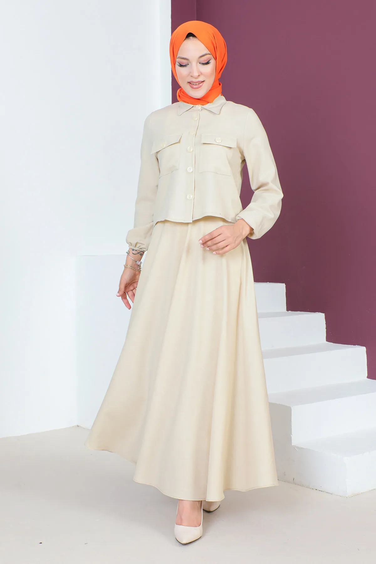Tesettür Dünyası  Doppelanzug mit Rock TSD230649 Beige