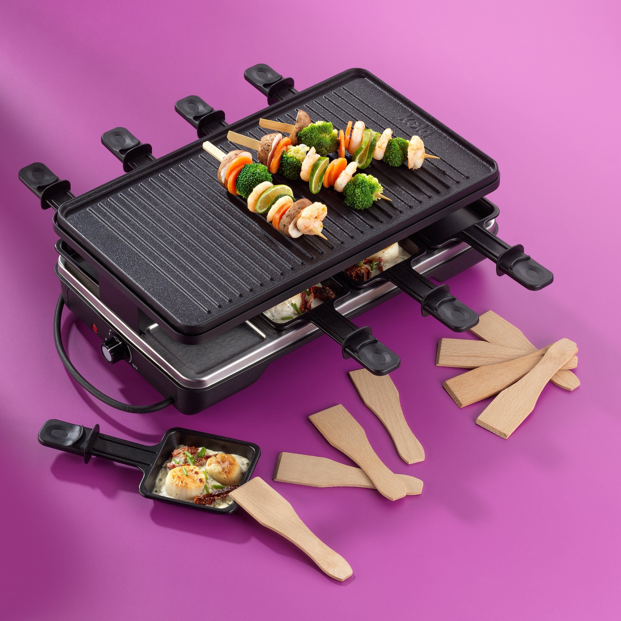 kela Raclette Geneva, 8 Raclettepfännchen, 1200,00 W, 8 Personen, drehbare Grillplatte, stufenlos regulierbar, 2m Kabel