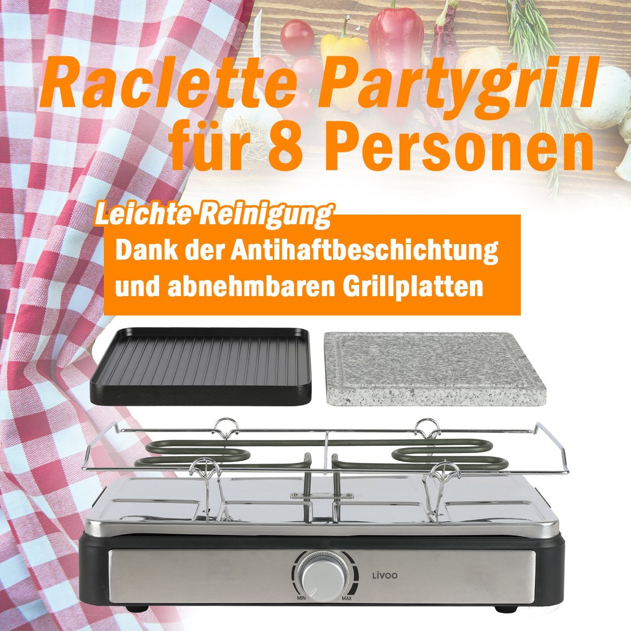 LIVOO Raclette LIVOO Raclette Grill für 8 Personen Tischgrill Raclettegrill DOC258, 8 Raclettepfännchen, 1400,00 W, Raclettepfännchen, Holzspatel, 2 abnehmbare Grillplatten, Drehregler