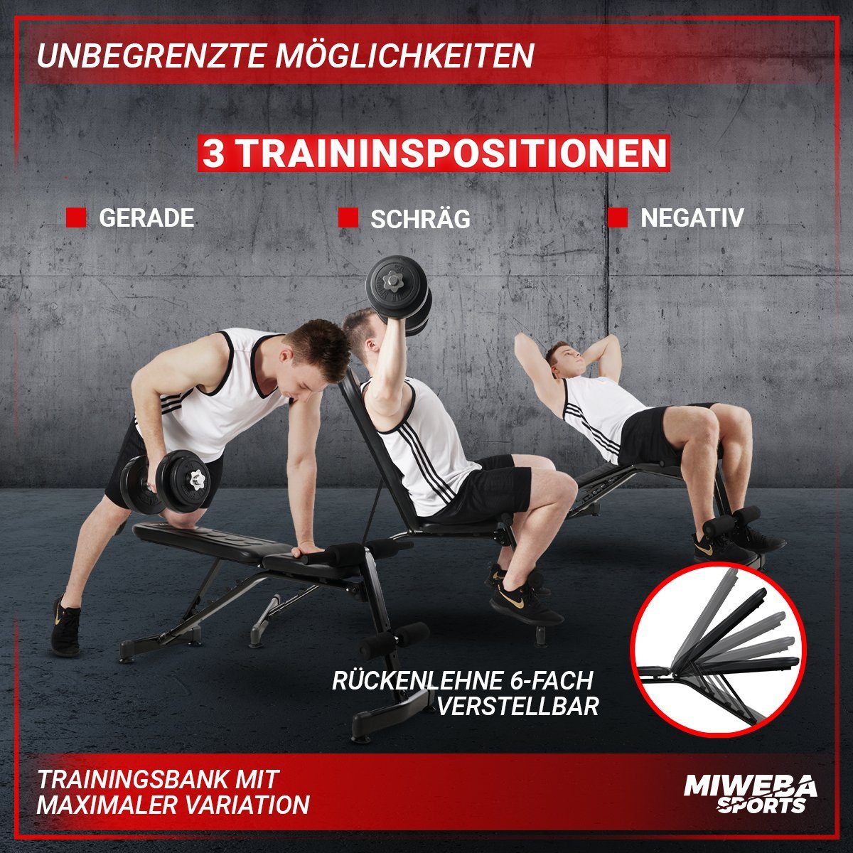 Miweba Sports Hantelbank Profi Trainingsbank MB200 - verstellbare & klappbare Flachbank, (6-fach verstellbare Lehne, Widerstandsbänder, 200 Kg max. Benutzergewicht, 3 Trainingspositionen, rutschfeste Standfüße, Bauchtrainer, Workout, Krafttraining, H
