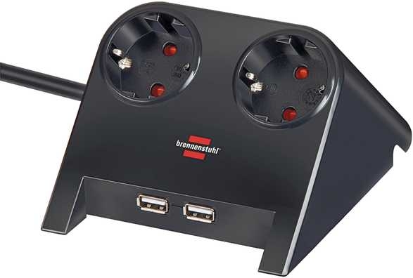 „Brennenstuhl 1153500222“ stalinis USB įkroviklis, 2 USB įkrovimo prievadai, 2100mA, dvigubas, juodas, poliruotas, 1,8m, H05VV-F 3G1,5