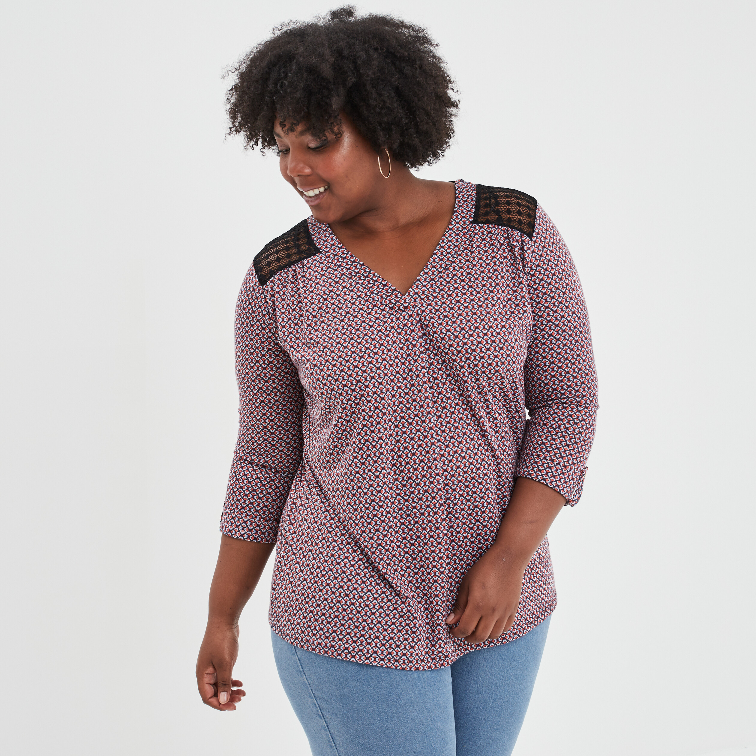 Blouse manches 3 4 épaules dentelles rouge femme grande taille | La Halle