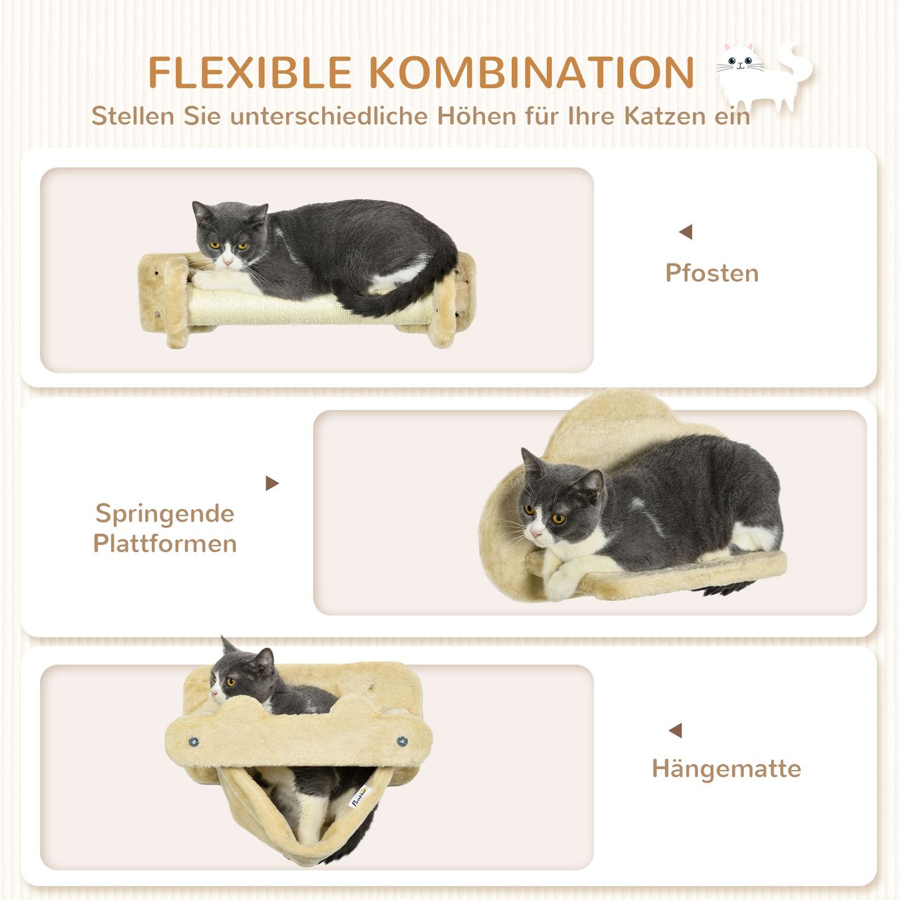 PawHut Katzentreppen-Set 2 Kratzstämme 2 Plattformen mit Plüsch Hängematte Beige