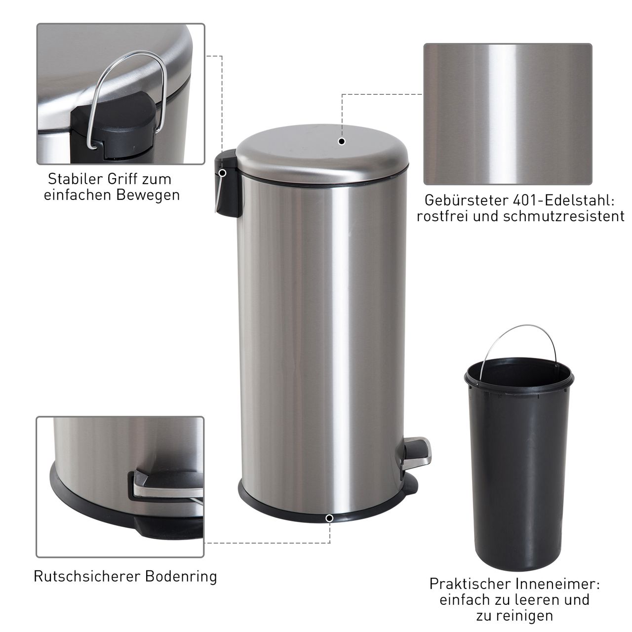 HOMCOM Treteimer mit Inneneimer Pedal-Mülleimer Klappdeckel Abfallsammler Edelstahl Silber 30L
